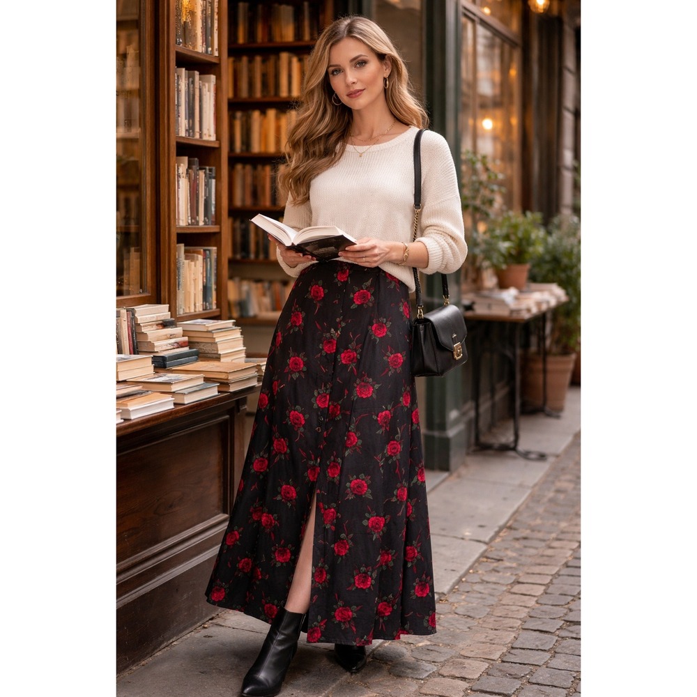 Vtg. Chaus Cottagecore Floral‎ Maxi Skirt 16 Whimsigoth Dark Romance Feminine